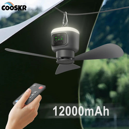 12000mAh Rechargeable Tent Ceiling Fan with Remote Control & LED Light – 7.5hr+ Runtime for Camping